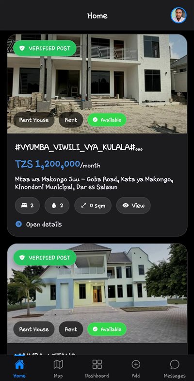 NyumbaLink TZ — ukurasa wa mwanzo wenye matangazo ya nyumba
